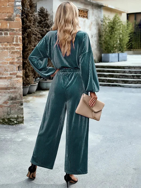 Chic Women Striped Wide-Leg Two-Piece Set - Striped Wide-Leg Set - LeStyleParfait