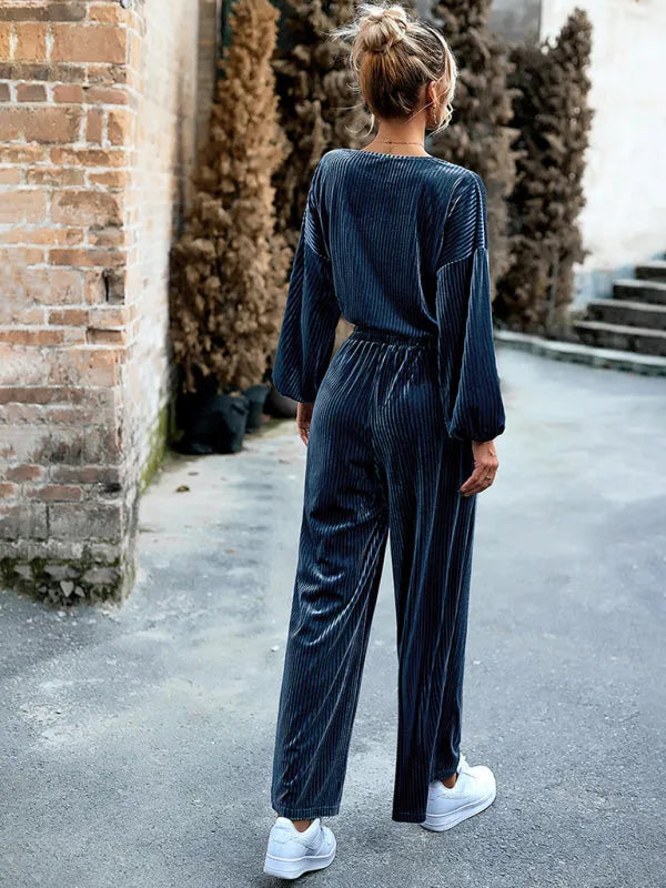 Chic Women Striped Wide-Leg Two-Piece Set - Striped Wide-Leg Set - LeStyleParfait