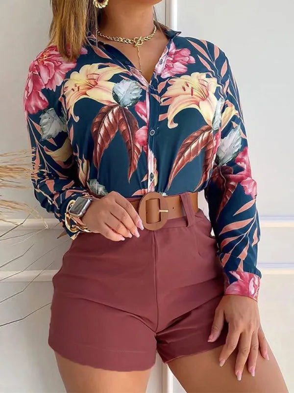 Chic Women Tropical Tailored Two-Piece Set V-neck Long Sleeve Satin Summer Vacation | LeStyleParfait