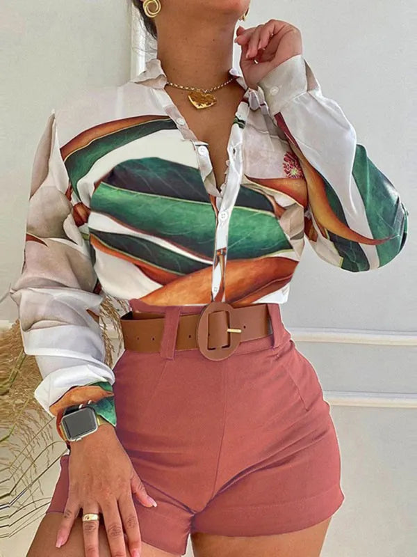 Chic Women Tropical Tailored Two-Piece Set V-neck Long Sleeve Satin Summer Vacation | LeStyleParfait