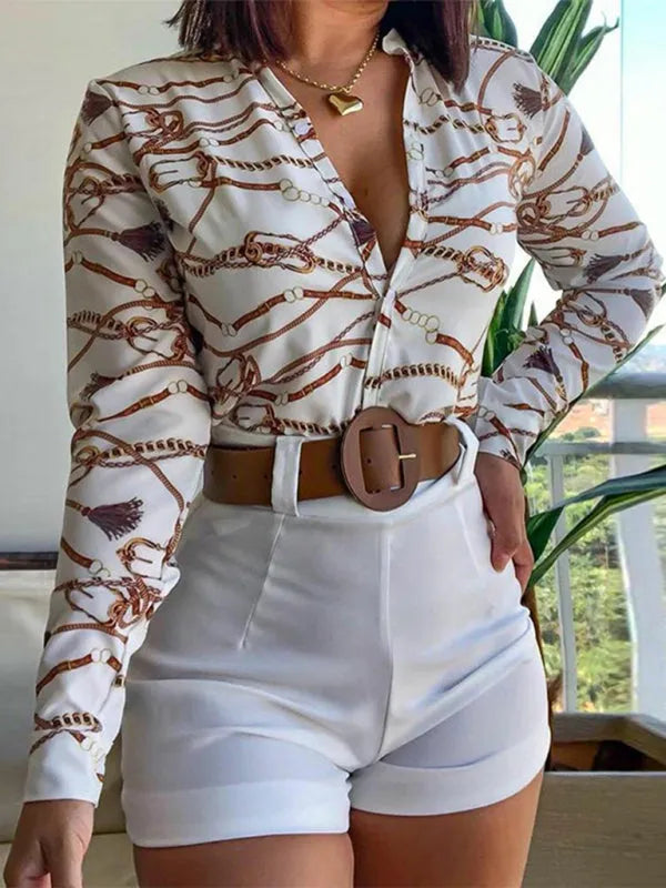Chic Women Tropical Tailored Two-Piece Set V-neck Long Sleeve Satin Summer Vacation | LeStyleParfait