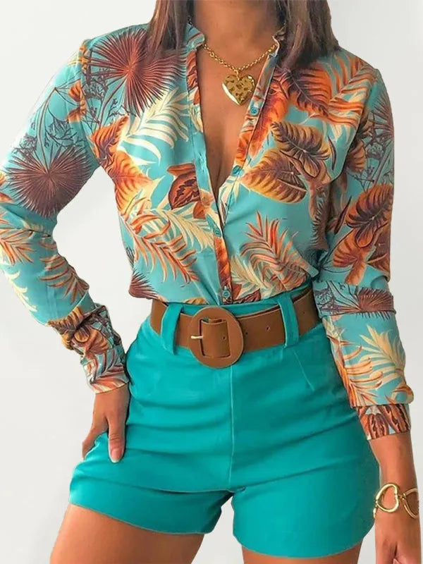 Chic Women Tropical Tailored Two-Piece Set V-neck Long Sleeve Satin Summer Vacation | LeStyleParfait