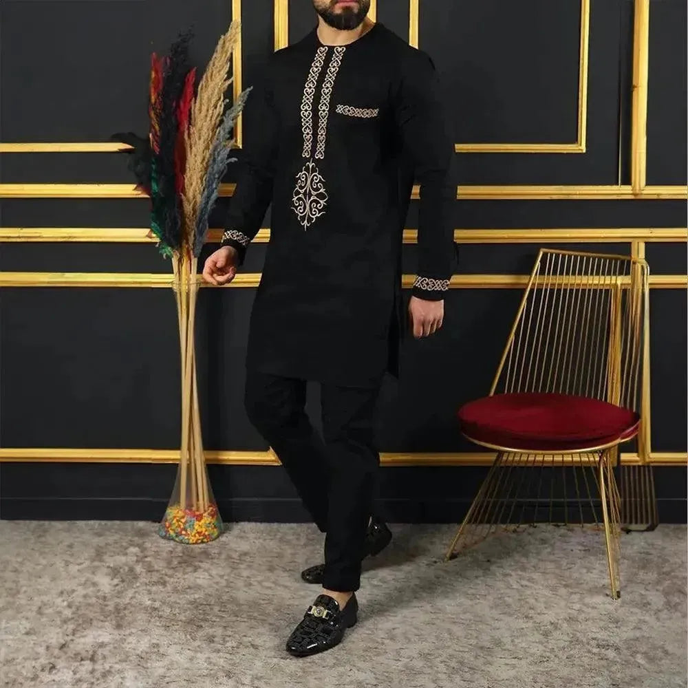 Classic Embroidered Relaxed African Outfit Set - Solid Pants Two-Piece Set - LeStyleParfait