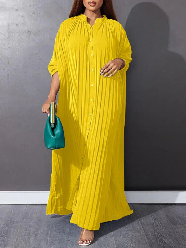 Classic Pleated Shirt Maxi Dress-Maxi Dress-LeStyleParfait