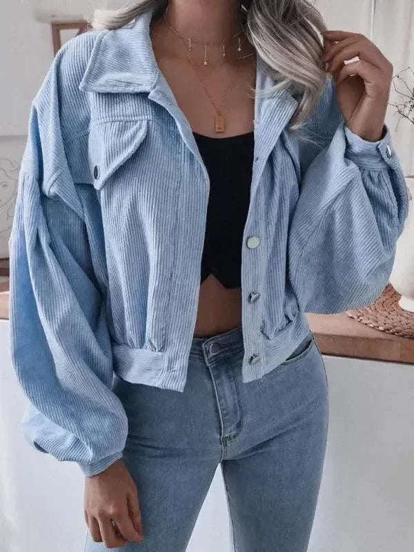 LeStyleParfait Women's Jackets Casual Jacket, Winter Jacket Buttons V-Neck Long Sleeves Plain-Solid-Crop Jacket