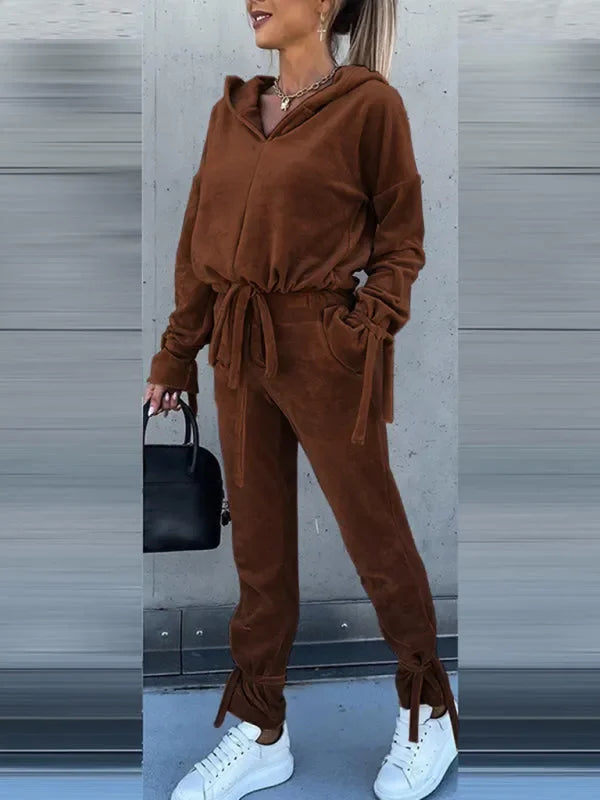 Cozy Women Casual Velvet Hoodie Two-Piece Lounge Set - Casual Lounge Set - LeStyleParfait