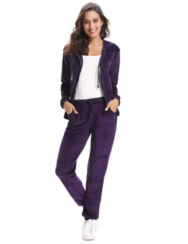 Cozy Women Jogger Set Casual Velvet Two-Piece Pants Set Lounge Zipper Long Sleeve Relaxed Fit Fall | LeStyleParfait