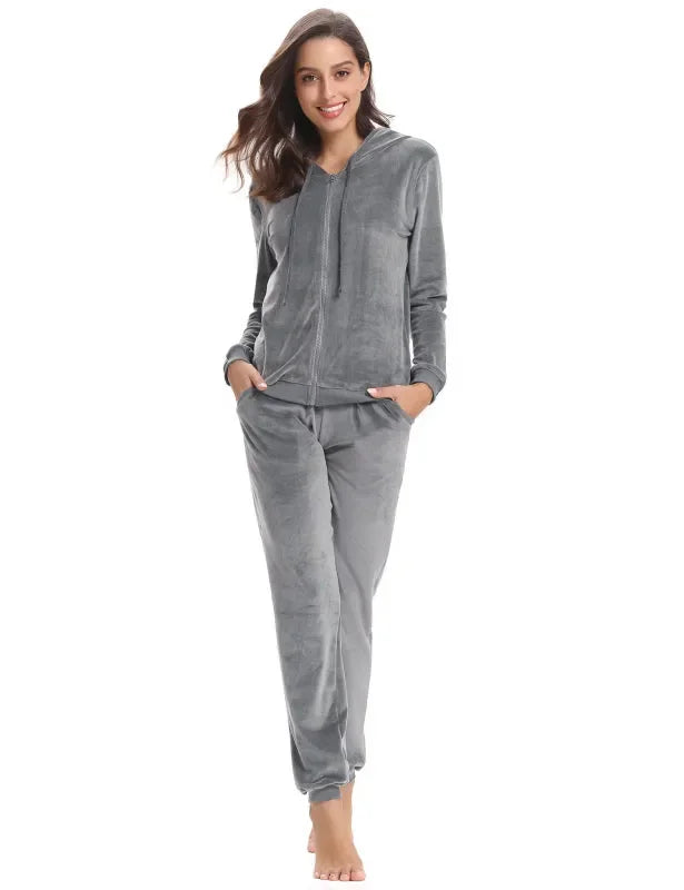 Cozy Women Jogger Set Casual Velvet Two-Piece Pants Set Lounge Zipper Long Sleeve Relaxed Fit Fall | LeStyleParfait