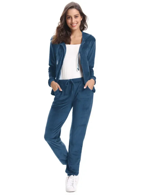 Cozy Women Jogger Set Casual Velvet Two-Piece Pants Set Lounge Zipper Long Sleeve Relaxed Fit Fall | LeStyleParfait