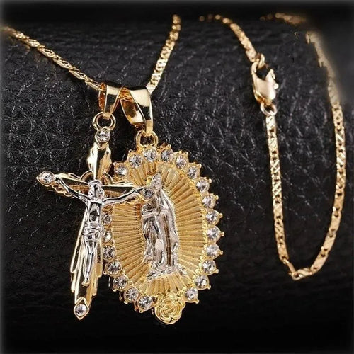 Crucifix + Virgin Mary Necklace - Pendant Necklace - LeStyleParfait