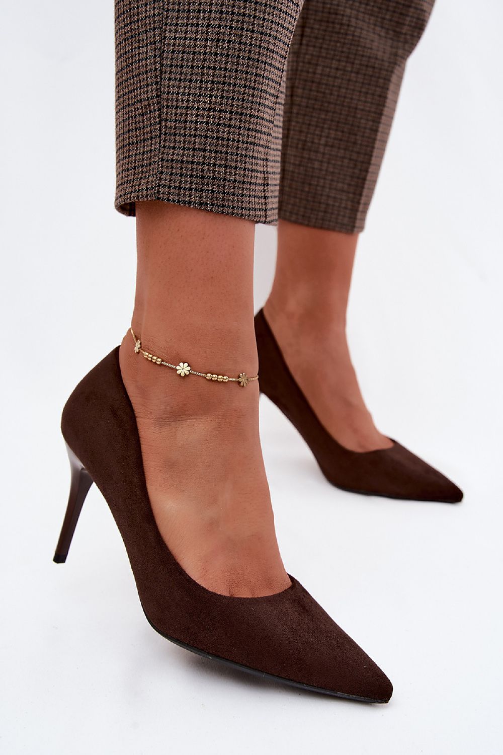 Women's suede pointed toe stiletto pumps in brown – side view
