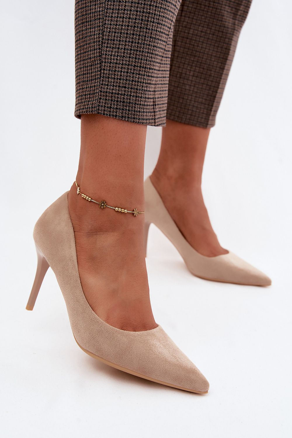 Women's suede pointed toe stiletto pumps in beige – side view