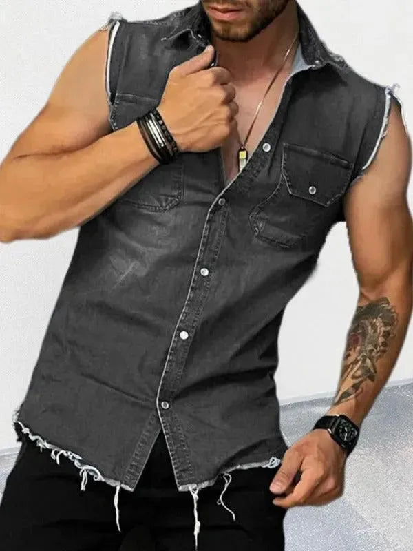Distressed Sleeveless Men Denim Shirt - Denim Shirt - LeStyleParfait