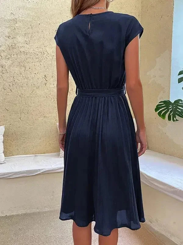 A-line,a-line dress,belt closure,belt closure dress,casual,casual dress,chiffon,chiffon dress,ladies Wrinkle resistant,midi,midi dress,midi hemline dress,pleated,pleated dress,pleats,Quick drying midi dress,regular,regular fit dress,round,round neckline dress,short sleeve,short sleeve dress,solid,solid dress,straight,summer,summer dress-LeStyleParfait