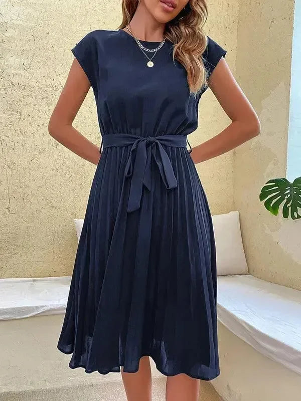 A-line,a-line dress,belt closure,belt closure dress,casual,casual dress,chiffon,chiffon dress,ladies Wrinkle resistant,midi,midi dress,midi hemline dress,pleated,pleated dress,pleats,Quick drying midi dress,regular,regular fit dress,round,round neckline dress,short sleeve,short sleeve dress,solid,solid dress,straight,summer,summer dress-LeStyleParfait