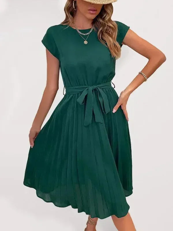 A-line,a-line dress,belt closure,belt closure dress,casual,casual dress,chiffon,chiffon dress,ladies Wrinkle resistant,midi,midi dress,midi hemline dress,pleated,pleated dress,pleats,Quick drying midi dress,regular,regular fit dress,round,round neckline dress,short sleeve,short sleeve dress,solid,solid dress,straight,summer,summer dress-LeStyleParfait