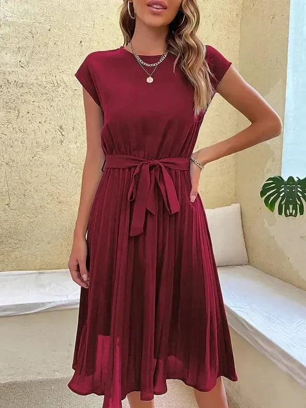 A-line,a-line dress,belt closure,belt closure dress,casual,casual dress,chiffon,chiffon dress,ladies Wrinkle resistant,midi,midi dress,midi hemline dress,pleated,pleated dress,pleats,Quick drying midi dress,regular,regular fit dress,round,round neckline dress,short sleeve,short sleeve dress,solid,solid dress,straight,summer,summer dress-LeStyleParfait