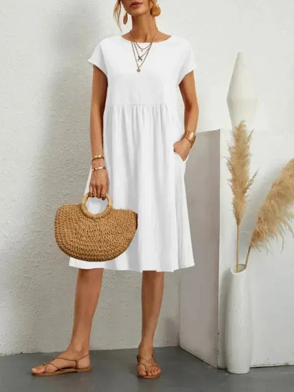 A-line,a-line dress,casual,casual dress,cotton,cotton dress,knee-length,knee-length dress,ladies Pockets,loose,loose fit dress,pockets,Quick drying knee-length dress,round,round neckline dress,short sleeve,short sleeves dress,slip-on,slip-on dress,solid,solid dress,straight,straight dress,summer,summer dress,Wrinkle resistant-LeStyleParfait