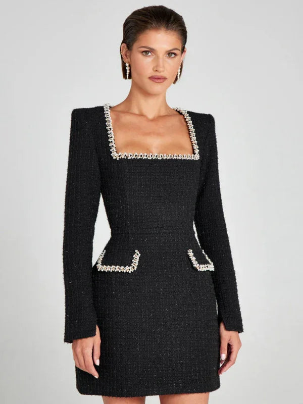 Elegant Beaded Square Neck Mini Dress