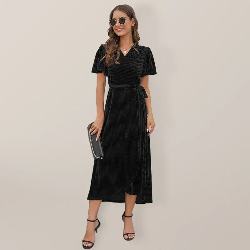 Elegant Brown Velvet Wrap Maxi Dress