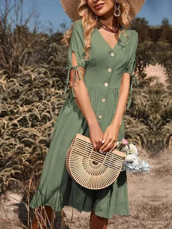 Elegant Cotton Button Front Midi Dress