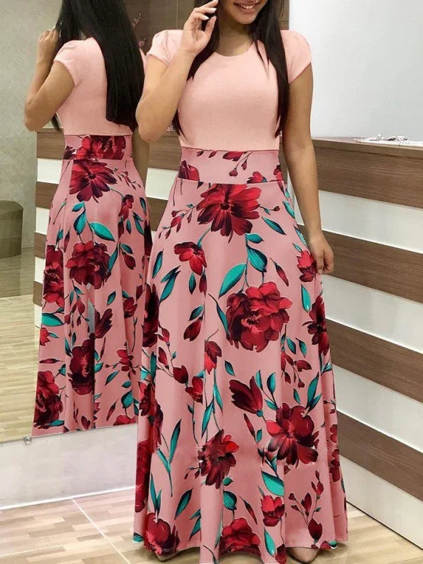 A-line,A-line dress,casual,casual dress,chiffon,fit & flare dress,fit and flare dress,floral,flowy,ladies Wrinkle resistant,long sleeve,maxi,polyester dress,Quick drying maxi dress,round,round neckline dress,short sleeve dress,slip-on,slip-on dress,solid dress,spring,spring dress,straight,straight hem dress-LeStyleParfait