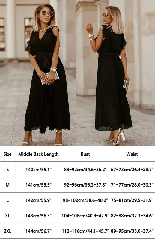 A-line,A-line dress,chiffon,chiffon dress,fit & flare dress,fit-and-flare dress,flared,flowy,ladies Wrinkle resistant,midi,midi hem dress,party,party dress,pleated,pleated dress,Quick drying midi dress,ruffles,short-sleeve dress,slip-on,slip-on dress,solid,solid dress,straight,summer,summer dress,V-neck,V-neck dress-LeStyleParfait