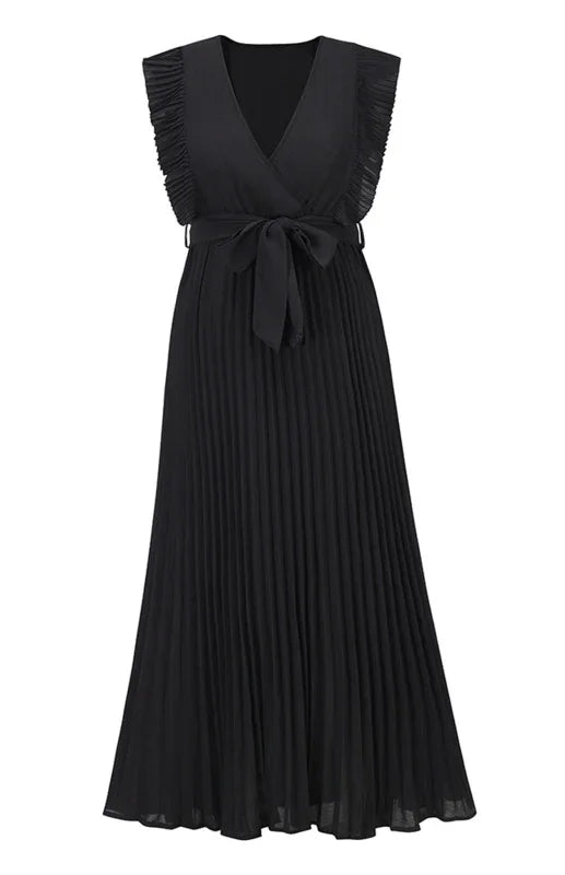 A-line,A-line dress,chiffon,chiffon dress,fit & flare dress,fit-and-flare dress,flared,flowy,ladies Wrinkle resistant,midi,midi hem dress,party,party dress,pleated,pleated dress,Quick drying midi dress,ruffles,short-sleeve dress,slip-on,slip-on dress,solid,solid dress,straight,summer,summer dress,V-neck,V-neck dress-LeStyleParfait
