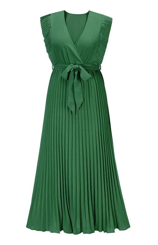 A-line,A-line dress,chiffon,chiffon dress,fit & flare dress,fit-and-flare dress,flared,flowy,ladies Wrinkle resistant,midi,midi hem dress,party,party dress,pleated,pleated dress,Quick drying midi dress,ruffles,short-sleeve dress,slip-on,slip-on dress,solid,solid dress,straight,summer,summer dress,V-neck,V-neck dress-LeStyleParfait