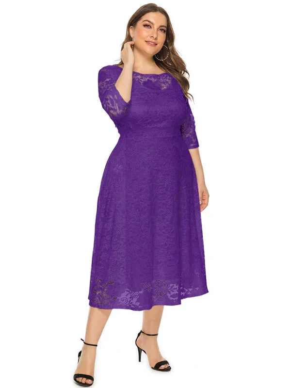 Elegant Lace Round Neck Midi Dress