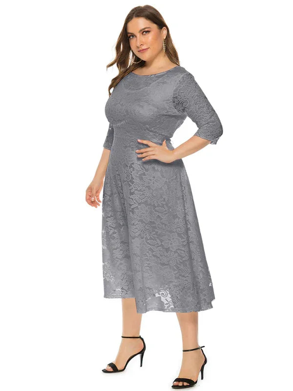 Elegant Lace Round Neck Midi Dress