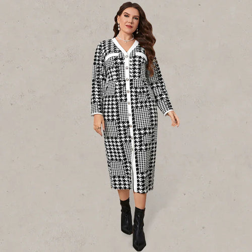 Elegant Plaid Knit Midi Dress