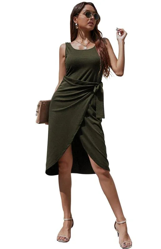 asymmetrical,jersey,ladies Wrinkle resistant,midi,midi hem dress,party,party dress,polyester dress,Quick drying midi dress,regular,regular fit dress,round,round neckline dress,sheath,sheath dress,sleeveless,sleeveless dress,slit,solid,solid dress,summer,summer dress,wrap,wrap dress,wrap tie,wrap tie dress-LeStyleParfait