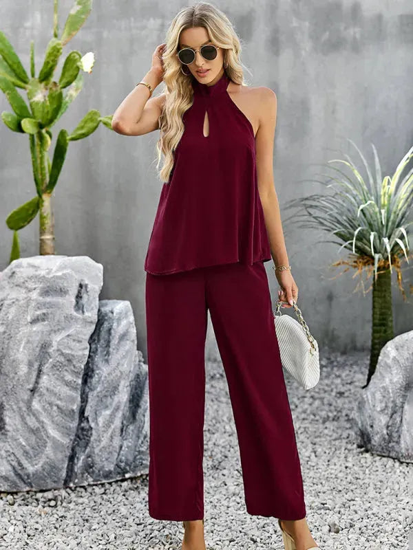 Elegant Women Casual Halterneck Two-Piece Pants Set - Casual Pants Set - LeStyleParfait