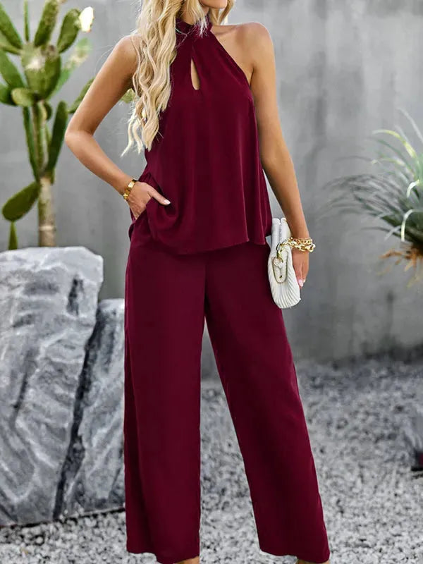 Elegant Women Casual Halterneck Two-Piece Pants Set - Casual Pants Set - LeStyleParfait