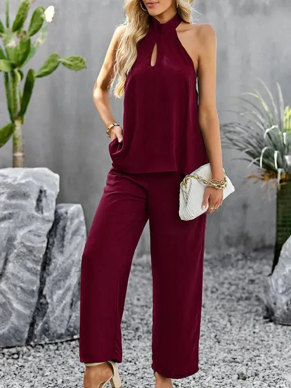 Elegant Women Casual Halterneck Two-Piece Pants Set - Casual Pants Set - LeStyleParfait