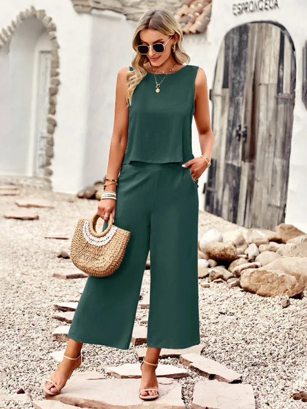 Elegant Women Casual Sleeveless Two-Piece Set - Casual Pants Set - LeStyleParfait