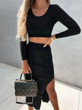 Elegant Women Solid Two-Piece Skirt Set with Slit - Casual Skirt Set - LeStyleParfait