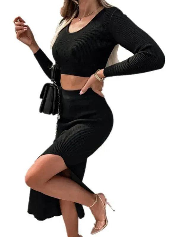 Elegant Women Solid Two-Piece Skirt Set with Slit - Casual Skirt Set - LeStyleParfait