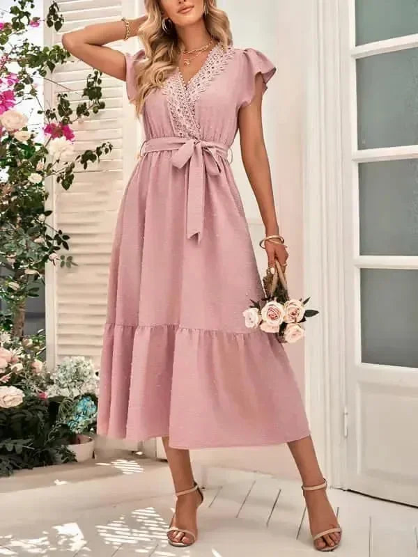 A-line,A-line dress,belt,belt closure,belt closure dress,casual,casual dress,cotton,cotton dress,flowy,ladies Wrinkle resistant,maxi,maxi dress,maxi hem dress,Quick drying maxi dress,short sleeve,short sleeves dress,solid,solid dress,straight,summer,summer dress,true-to-size dress,V-neck,V-neck dress-LeStyleParfait