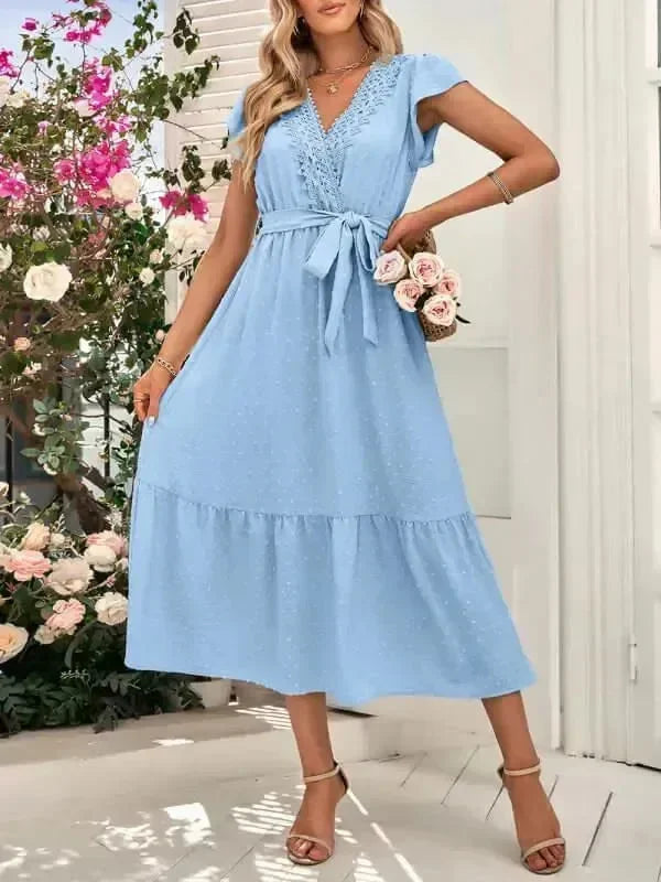 A-line,A-line dress,belt,belt closure,belt closure dress,casual,casual dress,cotton,cotton dress,flowy,ladies Wrinkle resistant,maxi,maxi dress,maxi hem dress,Quick drying maxi dress,short sleeve,short sleeves dress,solid,solid dress,straight,summer,summer dress,true-to-size dress,V-neck,V-neck dress-LeStyleParfait