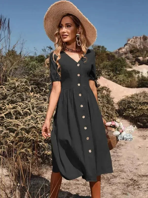 A-line,A-line dress,bow tie,bow tie sleeves dress,button-down,button-down dress,casual,casual dress,cotton,cotton dress,ladies Wrinkle resistant,midi,midi dress,Quick drying midi dress,regular,regular dress,slit sleeve,solid,solid dress,straight,summer,summer dress,V-neck,V-neck dress-LeStyleParfait