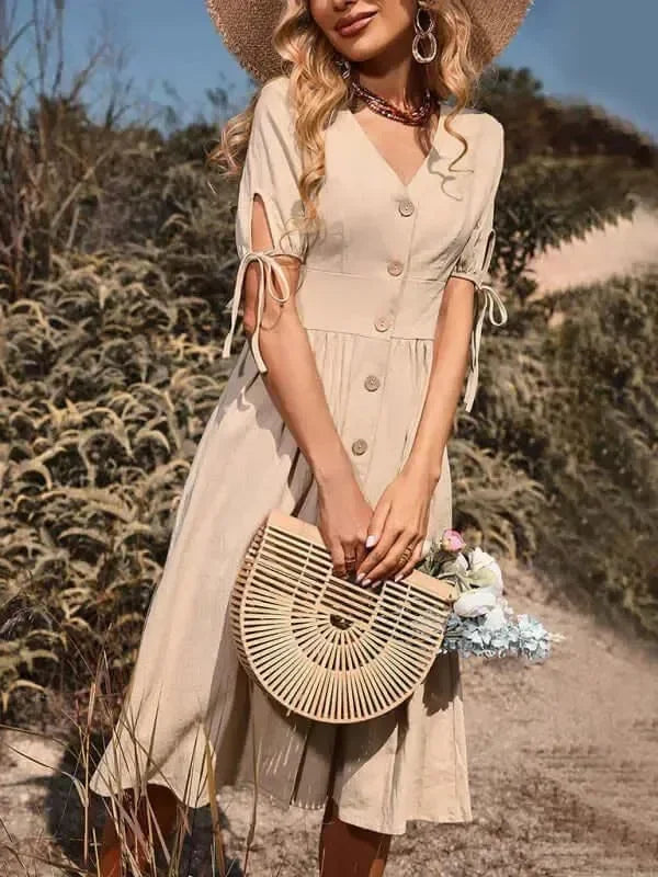 A-line,A-line dress,bow tie,bow tie sleeves dress,button-down,button-down dress,casual,casual dress,cotton,cotton dress,ladies Wrinkle resistant,midi,midi dress,Quick drying midi dress,regular,regular dress,slit sleeve,solid,solid dress,straight,summer,summer dress,V-neck,V-neck dress-LeStyleParfait