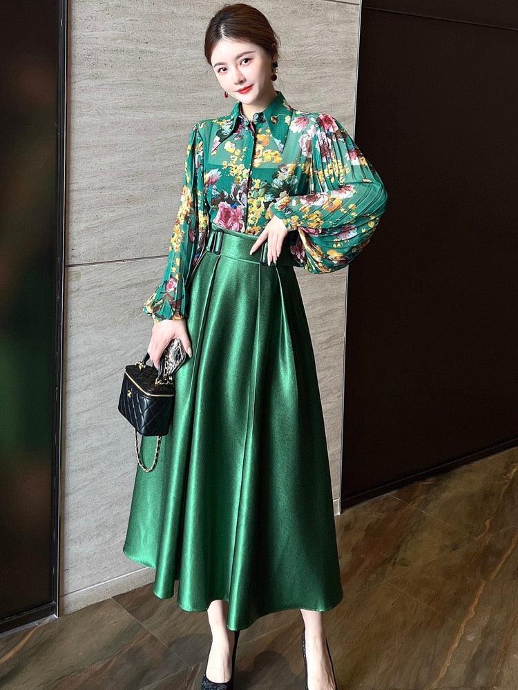 Floral Lantern Sleeve Chiffon Blouse - Plain Skirt - Clothing Set - LeStyleParfait