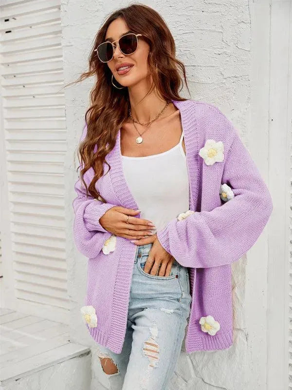 Floral Lantern Sleeves Cardigan Sweater - Cardigan Sweater - LeStyleParfait