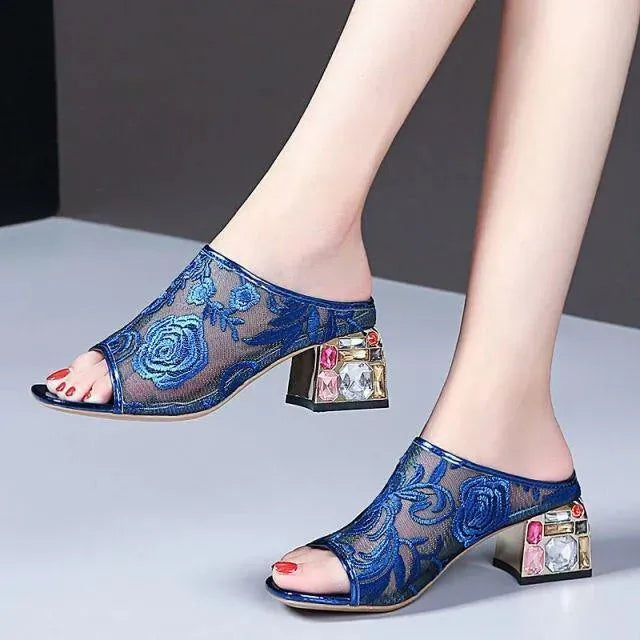 Floral Peep Toe Slip On Shoes - Sandals - LeStyleParfait