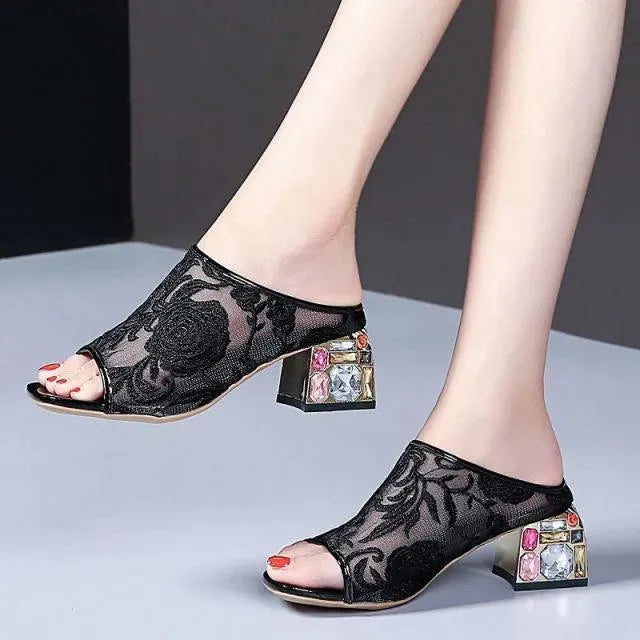 Floral Peep Toe Slip On Shoes - Sandals - LeStyleParfait