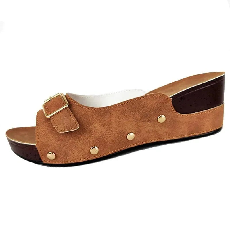 Front Buckle Low Wedge Sandals - Wedge Shoes - LeStyleParfait
