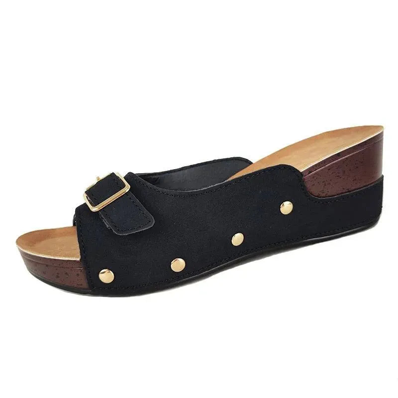 Front Buckle Low Wedge Sandals - Wedge Shoes - LeStyleParfait