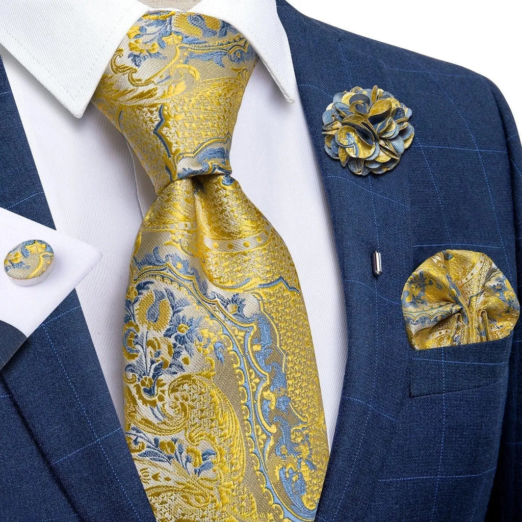 Gold Blue Paisley Necktie Set - Necktie - LeStyleParfait